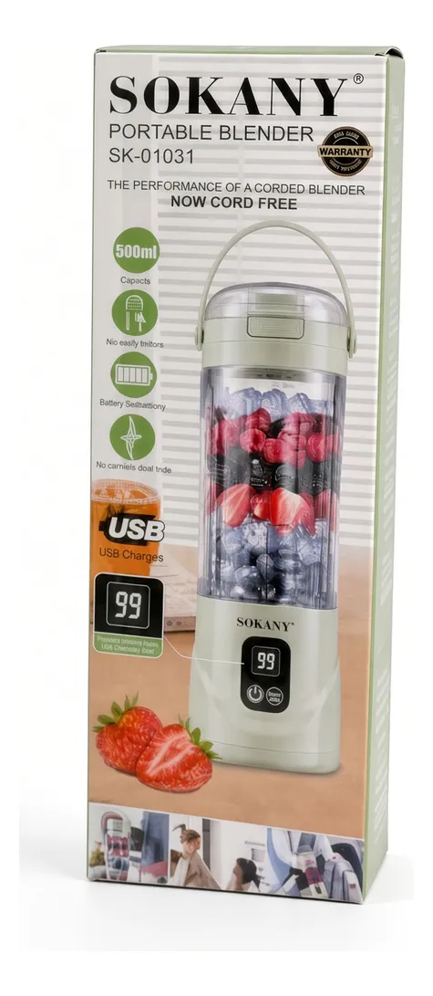 Licuadora Personal Vaso De Vidrio Recargable Usb Sokany 500ml Sk-01031 - Imagen 3