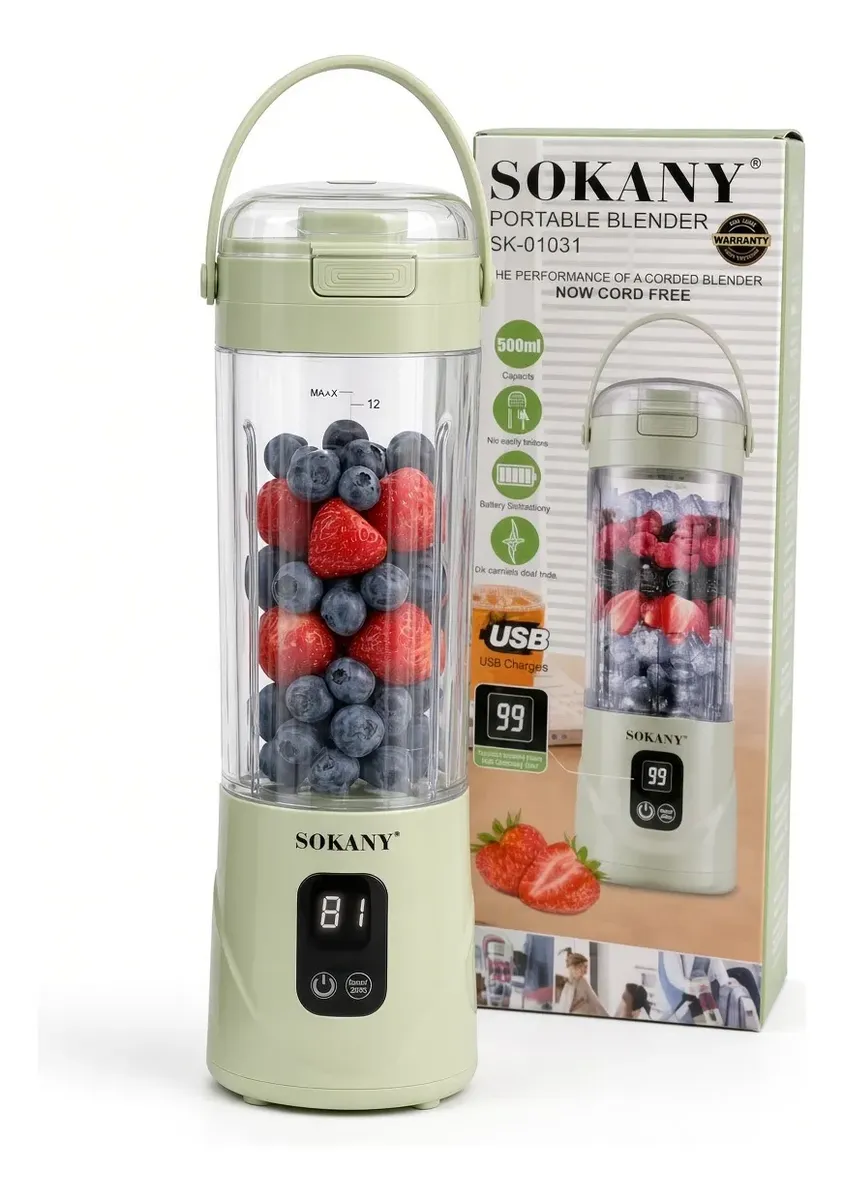Licuadora Personal Vaso De Vidrio Recargable Usb Sokany 500ml Sk-01031